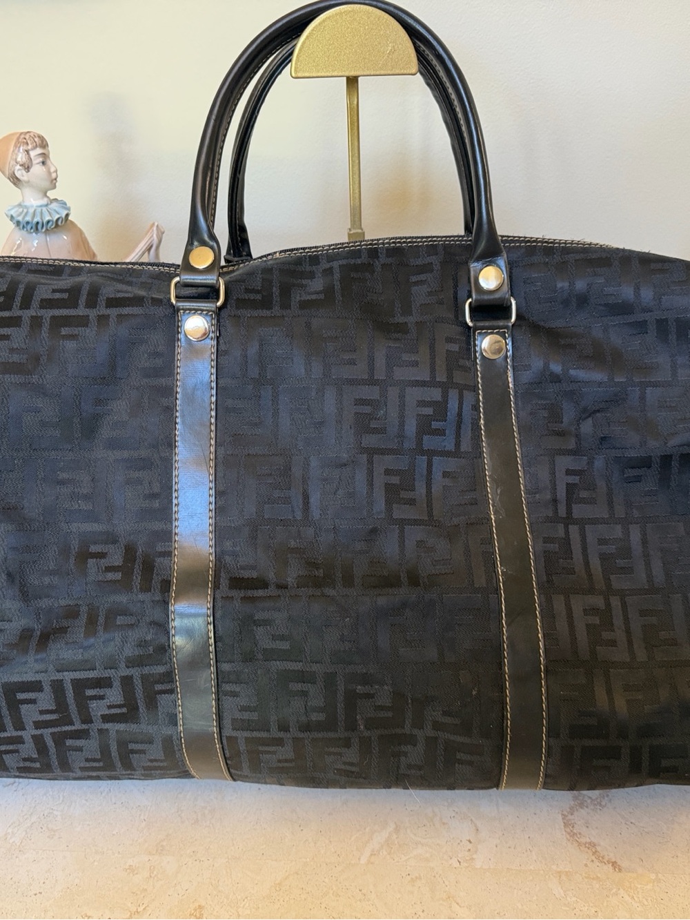 Black Travel Duffel Bag with Subtle Monogram Pattern